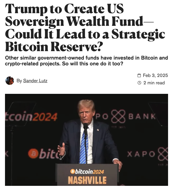 Tyler_Did_It's tweet photo. The Morning Minute (2.4)

⏰Top News:
-Crypto rallies on Tariff pauses, then dips as China retaliates
-Trump announces Sovereign Wealth Fund for US
-SEC instructs staff to no longer launch probes without leadership support
-Eric Trump says “it’s a great time to buy ETH”
-David Sacks to speak today on America leading in digital assets

🌎Macro
-Crypto majors rally fiercely as Canadian and Mexican tariffs are paused, then dip on China Tariff retaliation
-BTC +5% to $99,400, ETH +10% to $2,830 and SOL +9% to $212
-Trump announced a sovereign wealth fund to be run by Scott Bessent & Howard Lutnick, with 90 days to prepare a plan for implementation
-Eric Trump posts that “it's a great time to add $ETH”
-Crypto czar David Sachs to speak at 2:30 pm today on America leading in digital assets
-SEC instructs enforcement staff that they can no longer launch probes without approval from leadership
-WLFI is reportedly seeking interest from teams to do $10M mutual token swaps
-Coinbase CLO to testify before Congress over Operation Chokepoint 2.0

💰Tokens, Protocols & Airdrops
-Movement Labs announces its Cornucopia Vaults for ETH, BTC, stablecoins and MOVE are live
-PartnersDAO provides $2 allocations for participants, faces FUD

🤖AI
-Total market cap jumped 14% to $8B, with most leaders green though down from local highs
-VIRTUAL (+8%), FARTCOIN (+6%), AI16Z (+7%), FAI (+12%),  AIXBT (+8%) and ARC (+17%); GRIFFAIN soared 78% to $242M leading top movers
-Other notable gainers include DOGEAI (+190%), SERAPH (+125%), AGIXT (+85%) and SNAI (+78%)

📰Memes and NFTs
-Meme leaders were mostly green with DOGE +5%, Shiba +6%, PEPE +6%, TRUMP -4%, BONK +7% & PENGU +6%
-FARTCOIN led all onchain Solana volume with over $200M on the day
-The PAIN presale ended with ~$40M in funds sent

-ETH NFT leaders are mostly green, with leaders 2-6%; Punks +2% to 40 ETH, Pudgy +7% to 10.8 and BAYC +3% to 12.75
-Bond Bears now hold a 103 ETH floor after a 69 ETH sale in the past day, ahead of the Berachain launch
-BTC Ordinals are very green with leaders up 5-15%; Quantum Cats +15% 0.23 BTC, OMB -2$ 0.12, Nodes +5% at 0.067 and Puppets +12% at 0.064
-Runes were green, with DOG +3% to $330M, PUPS +2% to $39M, and BDC +10% to $24M