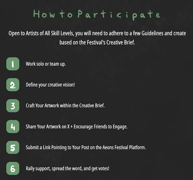 Are you excited for the Aeons Art Festival as much as I am? 

This is your chance to showcase your creativity on Bitcoin!

To join: Create your masterpiece, share it on X, submit your post, and rally votes! 

Open to all artists—solo or teams.
Spread your vision &amp; engage with the