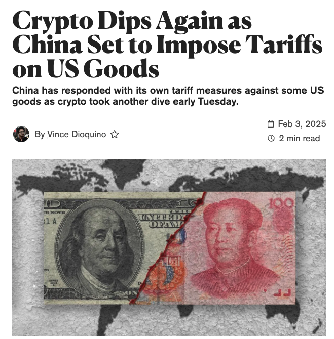 Tyler_Did_It's tweet photo. The Morning Minute (2.4)

⏰Top News:
-Crypto rallies on Tariff pauses, then dips as China retaliates
-Trump announces Sovereign Wealth Fund for US
-SEC instructs staff to no longer launch probes without leadership support
-Eric Trump says “it’s a great time to buy ETH”
-David Sacks to speak today on America leading in digital assets

🌎Macro
-Crypto majors rally fiercely as Canadian and Mexican tariffs are paused, then dip on China Tariff retaliation
-BTC +5% to $99,400, ETH +10% to $2,830 and SOL +9% to $212
-Trump announced a sovereign wealth fund to be run by Scott Bessent & Howard Lutnick, with 90 days to prepare a plan for implementation
-Eric Trump posts that “it's a great time to add $ETH”
-Crypto czar David Sachs to speak at 2:30 pm today on America leading in digital assets
-SEC instructs enforcement staff that they can no longer launch probes without approval from leadership
-WLFI is reportedly seeking interest from teams to do $10M mutual token swaps
-Coinbase CLO to testify before Congress over Operation Chokepoint 2.0

💰Tokens, Protocols & Airdrops
-Movement Labs announces its Cornucopia Vaults for ETH, BTC, stablecoins and MOVE are live
-PartnersDAO provides $2 allocations for participants, faces FUD

🤖AI
-Total market cap jumped 14% to $8B, with most leaders green though down from local highs
-VIRTUAL (+8%), FARTCOIN (+6%), AI16Z (+7%), FAI (+12%),  AIXBT (+8%) and ARC (+17%); GRIFFAIN soared 78% to $242M leading top movers
-Other notable gainers include DOGEAI (+190%), SERAPH (+125%), AGIXT (+85%) and SNAI (+78%)

📰Memes and NFTs
-Meme leaders were mostly green with DOGE +5%, Shiba +6%, PEPE +6%, TRUMP -4%, BONK +7% & PENGU +6%
-FARTCOIN led all onchain Solana volume with over $200M on the day
-The PAIN presale ended with ~$40M in funds sent

-ETH NFT leaders are mostly green, with leaders 2-6%; Punks +2% to 40 ETH, Pudgy +7% to 10.8 and BAYC +3% to 12.75
-Bond Bears now hold a 103 ETH floor after a 69 ETH sale in the past day, ahead of the Berachain launch
-BTC Ordinals are very green with leaders up 5-15%; Quantum Cats +15% 0.23 BTC, OMB -2$ 0.12, Nodes +5% at 0.067 and Puppets +12% at 0.064
-Runes were green, with DOG +3% to $330M, PUPS +2% to $39M, and BDC +10% to $24M