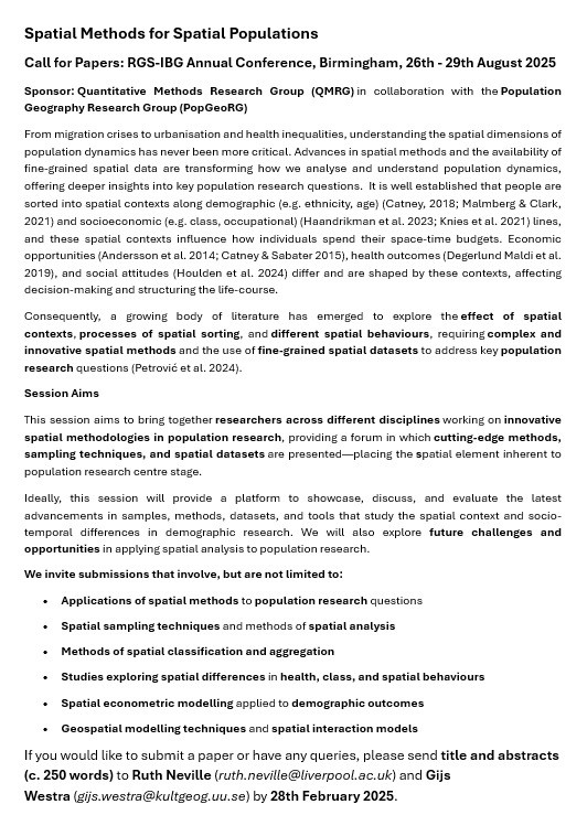 Ruth Neville (@ruthneville20) on Twitter photo โผ๏ธExcited to be accepting abstracts w/ <a href="/GijsW4/">Gijs W</a> for our session on Spatial Methods for Spatial Populations at the <a href="/RGS_IBG/">Royal Geographical Society (with IBG)</a> Annual Conference! We are looking forward to accepting work showcasing innovative uses of spatial data and spatial methods! ๐ซ๐ DM for more details โจ โผ๏ธExcited to be accepting abstracts w/ <a href="/GijsW4/">Gijs W</a> for our session on Spatial Methods for Spatial Populations at the <a href="/RGS_IBG/">Royal Geographical Society (with IBG)</a> Annual Conference! We are looking forward to accepting work showcasing innovative uses of spatial data and spatial methods! ๐ซ๐ DM for more details โจ