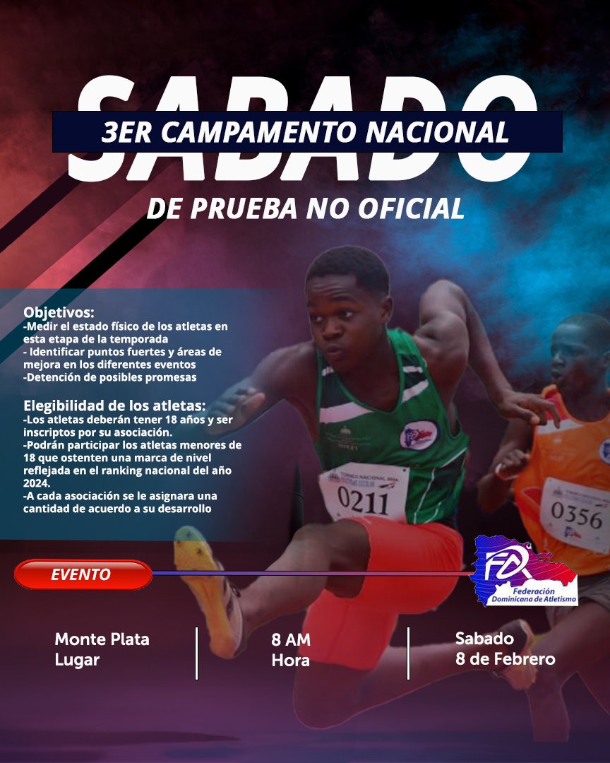 FDA dedicará 3er Campeonato Nacional de Pruebas.

La Federación Dominicana de Asociaciones de Atletismo celebrará este sábado su tercer Campeonato Nacional de Pruebas No Oficiales en Bayaguana, Monte Plata, con dedicatoria especial al inmortal del deporte Carlos Yoelin Santa.