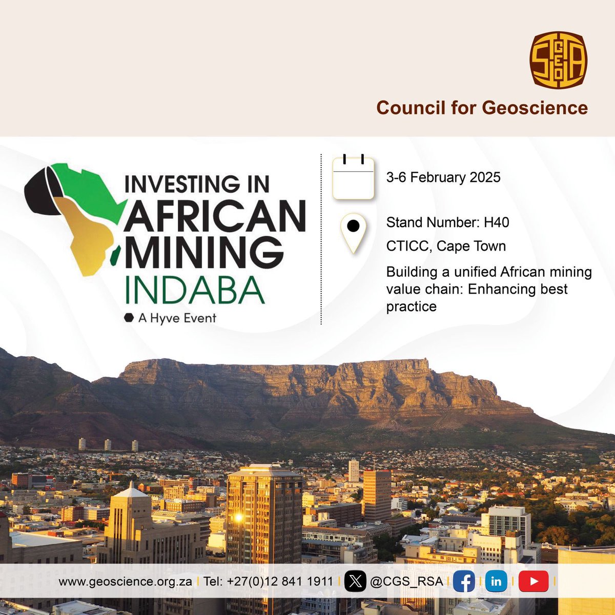 CGS_RSA's tweet photo. Come and visit us at stand number H40 at the Investing in African Mining Indaba to interact with our experts. #MI25 #TeamCGS #Geoscience https://t.co/1magClF6oM