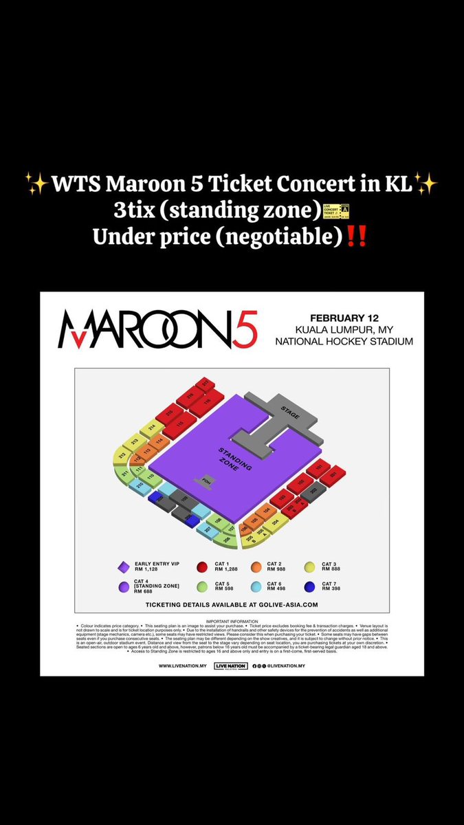 aananisahan23's tweet photo. ✨WTS MAROON 5 in KL✨

WTS Maroon5 ticket concert in KL🎫
Date : 12 February 2025
- 3 tickets (standing zone)
- Under price (bisa nego)

#wtsmaroon5 #wtsmaroon5ticket #maroon5malaysia #maroon5ticket #maroon5 #maroon5kualalumpur #maroon5asiatour https://t.co/wTFsx4YfQz