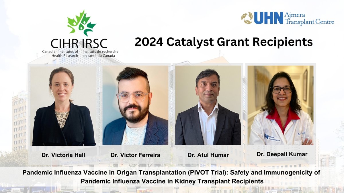 Congratulations 🎉to <a href="/CIHR_IRSC/">CIHR</a> catalyst grant recipients Dr. Hall, Dr. Ferreira, Dr. Humar and Dr. Kumar who were awarded funding for 'Pandemic Influenza Vaccine in Organ Transplantation (PIVOT Trial)'
#innovation #research #transplant #TeamATC #CIHR
<a href="/UHN/">University Health Network</a>research @uhn