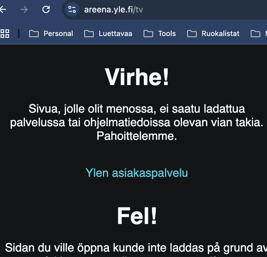Hmm onko yleläiset pistäneet Areenan säppiin mustan tiistain takia? Luurilla pelaa, mutta selaimella ei 🤔 #yle #areena