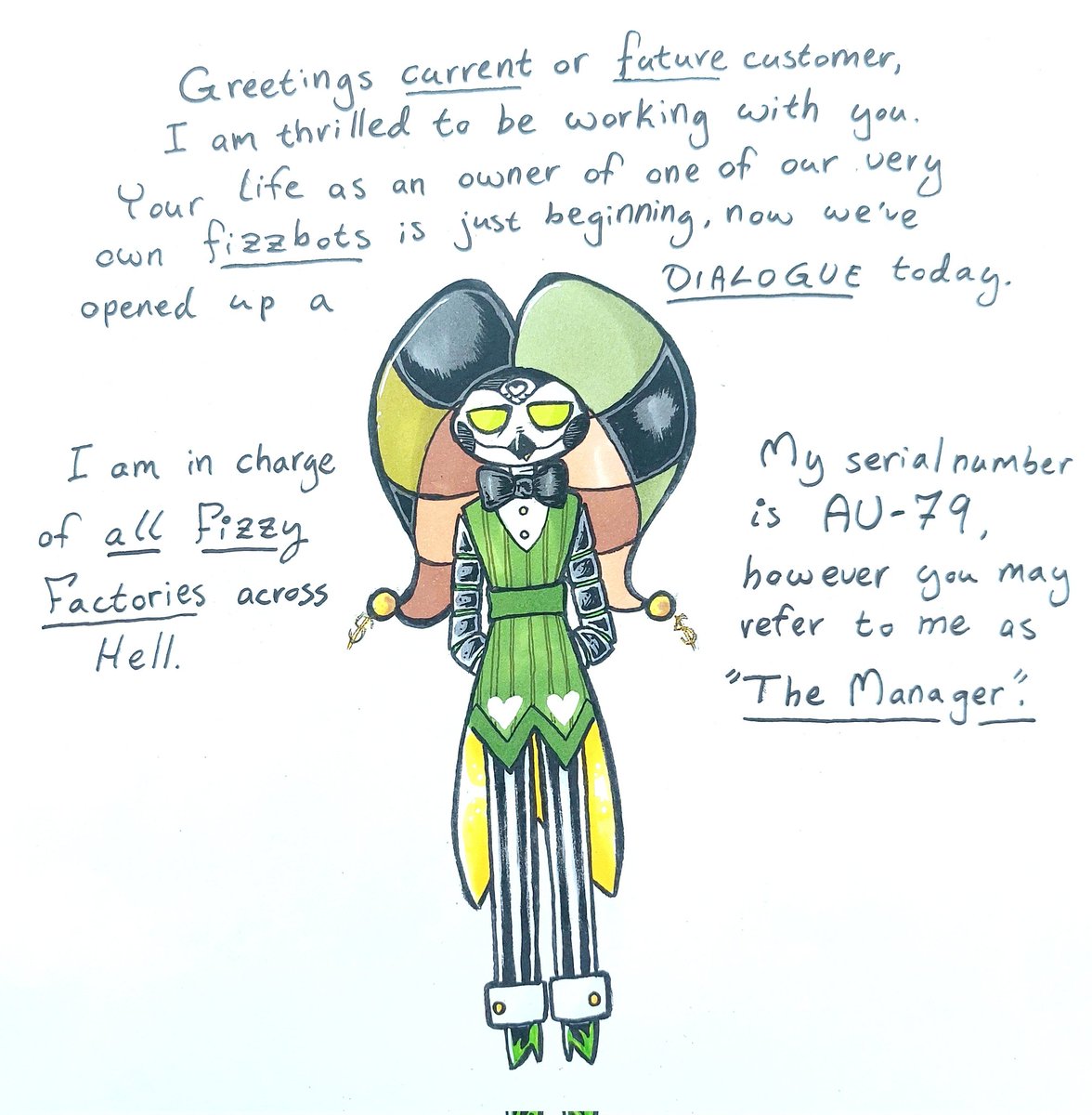 robonrolli's tweet photo. It's The Manager's turn to introduce himself 💚
Link to ask blog post:
https://t.co/ftpql8eBXv
#managerfizzy #fizzbotoc #fizzbot #helluvabossfanart #hellaverseoc #hellaverse #helluvaboss #helluvabossoc #askblog https://t.co/hSwsP1MFYJ