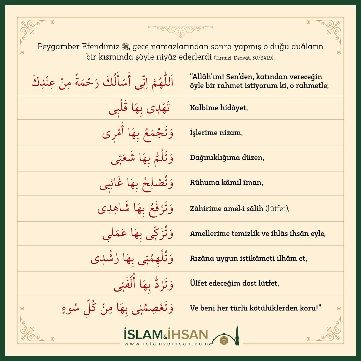 Peygamber Efendimiz -sallâllâhu aleyhi ve sellem-, gece namazlarından sonra yapmış olduğu duâların bir kısmında şöyle niyâz ederlerdi: