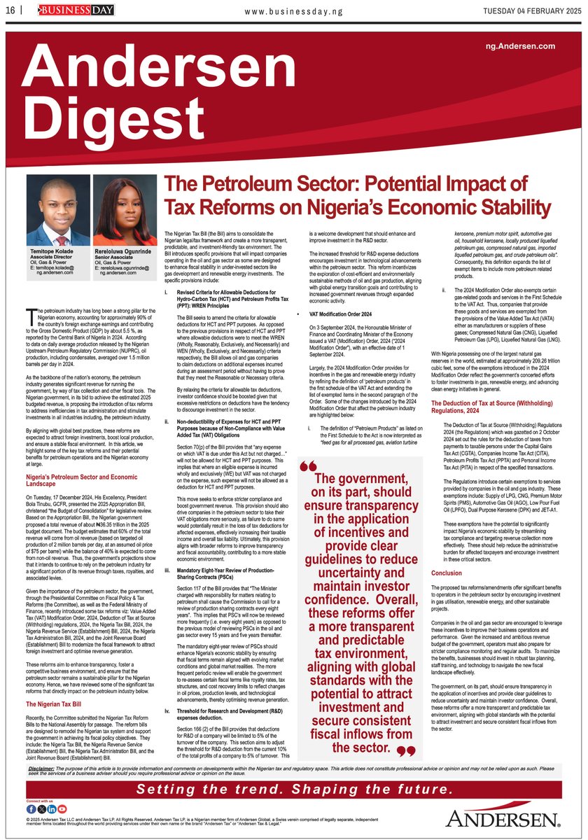 AndersenNigeria's tweet photo. We are pleased to share our latest Publication, "The Petroleum Sector: Potential Impact of Tax Reforms on Nigeria’s Economic Stability" by Temitope Kolade, Associate Director, and Rereloluwa Ogunrinde, Senior Associate, Oil, Gas &amp; Power Services.

https://t.co/XwGOISzJdm https://t.co/SdQafd7K6q