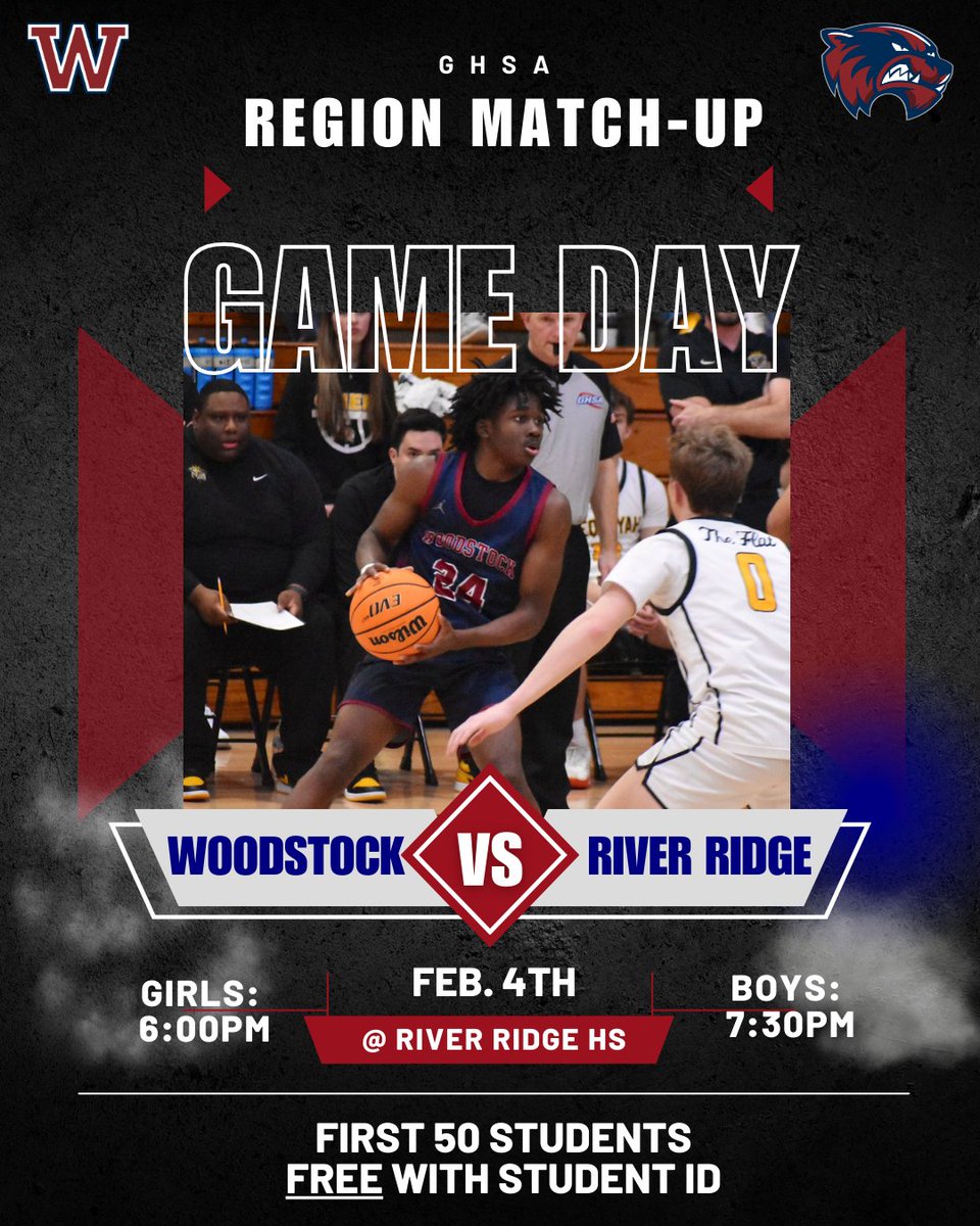 HUGE GAME tonight for our WHS Basketball teams!!! Region match-up at River Ridge HS. Girls tip-off at 6PM; boys tip-off at 7:30PM. Pack the stands, Wolverines! First 50 WHS students get in FREE by showing student ID!!! Let's GO!!! #1woodstock