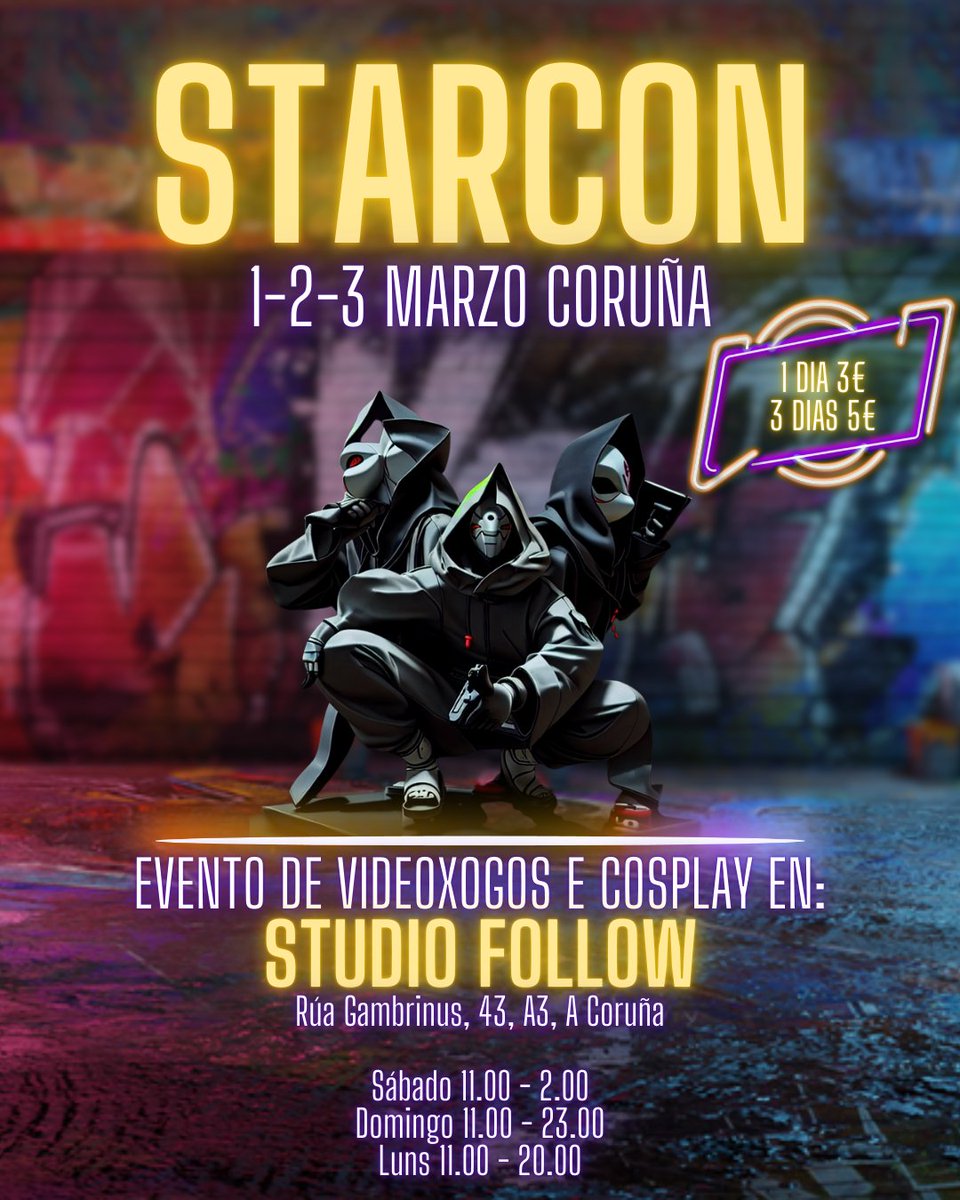 🎭🎮 ¡Este finde de Carnaval se celebra STARCON en A Coruña!

📅 1, 2 y 3 de marzo
📍 Studio Follow (Rúa Gambrinus, 43, A3)
Cosplans con <a href="/Meiramasama/">⏳️Meira #Morpheus⏳️</a> , videojuegos, karaoke, juegos de mesa y mucho más. 🔥