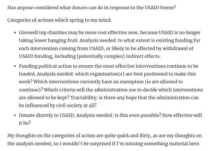 EAForumPosts's tweet photo. "Implications of USAID freeze on donations" by Sanjay. Full question and top answer pictured https://t.co/jNEXNJpRC1