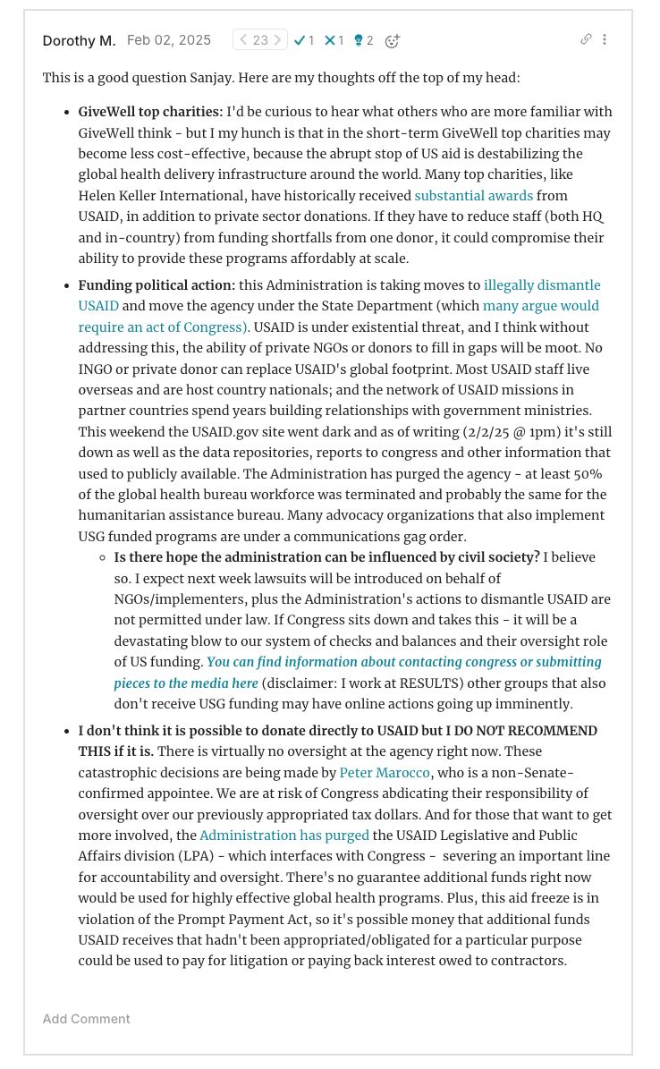EAForumPosts's tweet photo. "Implications of USAID freeze on donations" by Sanjay. Full question and top answer pictured https://t.co/jNEXNJpRC1