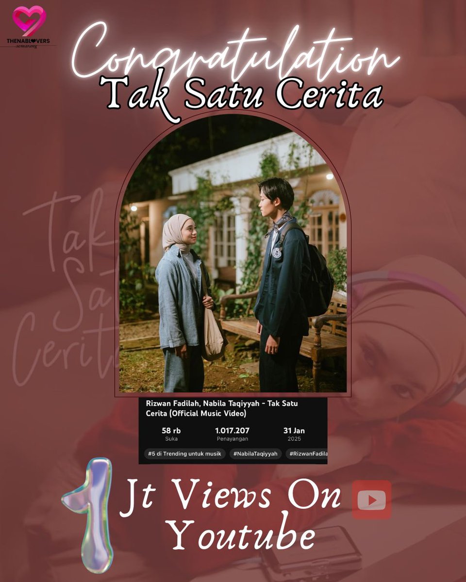 Thenabs_Smg's tweet photo. MasyaaAllah, alhamdulillah✨terima kasih semua yg sudah streaming lagu Nab dan Njan ini🫶semoga yg belum satu cerita, suatu saat bisa menemukan yg satu cerita ya🤭 jangan lupa streaming #TakSatuCeritaNabilaNjan https://t.co/yZS2V3LK5F