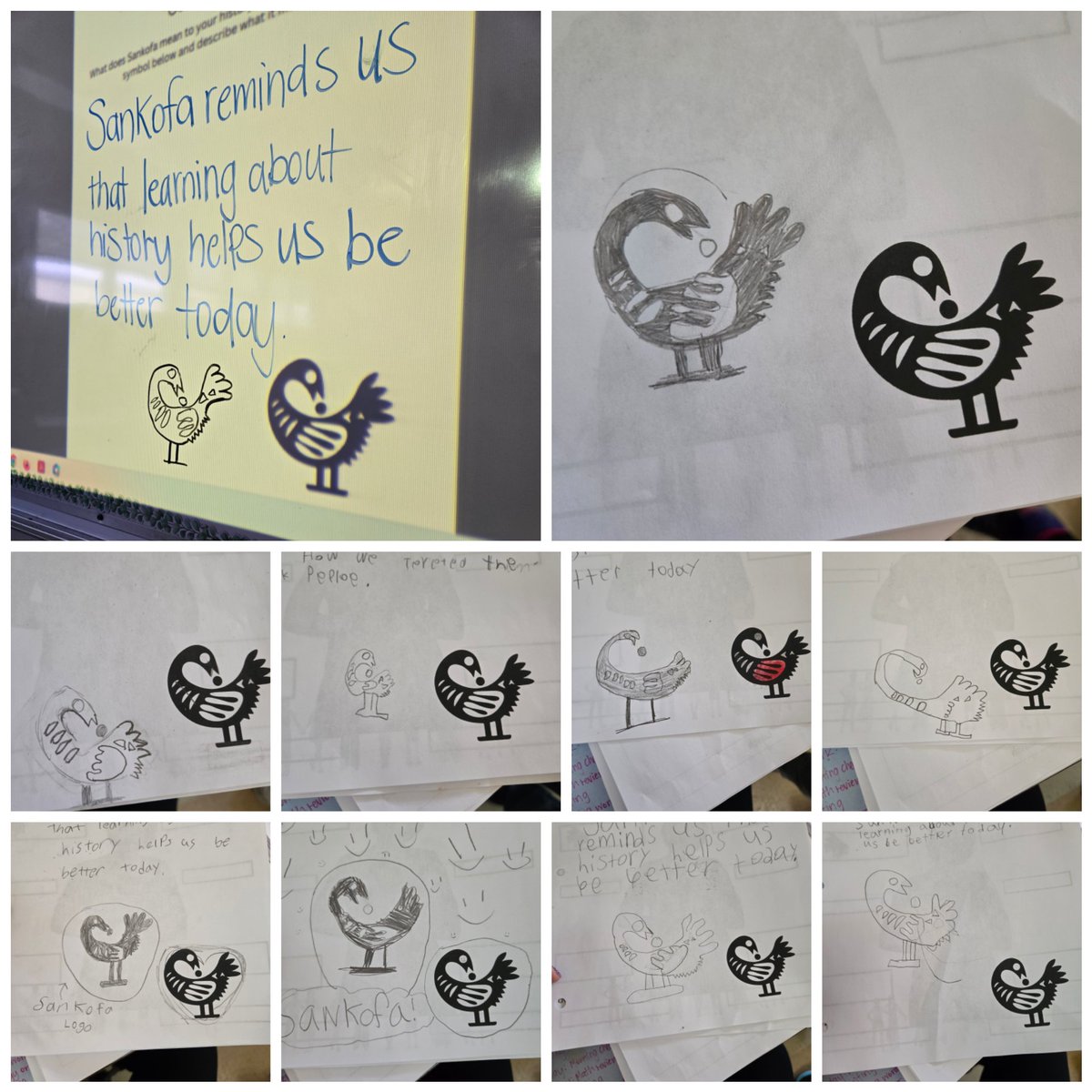 The symbol itself is a bird holding an egg over its shoulder, which symbolizes something special from the past. The bird is shaped like a heart, which reminds us to look back at the past with love and care while learning and growing. Check out our recreation attempts! 😊