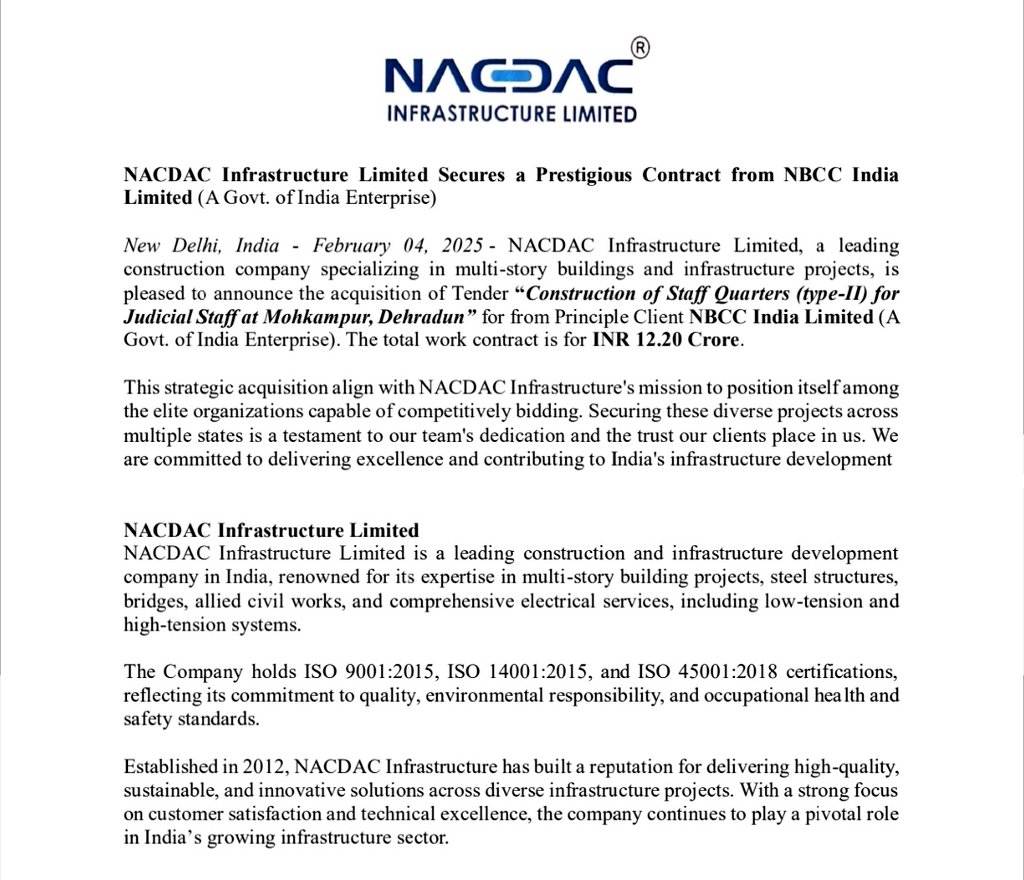 Yuvraj_77's tweet photo. 📈#NACDAC Infrastructure Secures INR 12.20 Crore Contract from #NBCC India Ltd..
#StockMarket https://t.co/10wUtqTTJ2