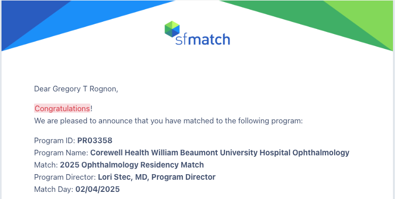 LabPadhu's tweet image. I am thrilled to announce that Dr Gregory Rognon #Greg a Postdoctoral Fellow from my lab matched at William Beaumont for his Ophthalmology Residency.