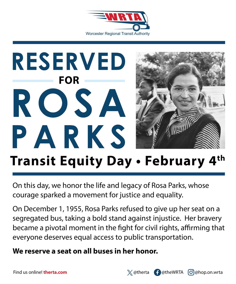 February 4th marks #TransitEquityDay, celebrated on Rosa Parks' birthday, to recognize the importance of safe, reliable, and affordable public transportation for all.  

We reserve a seat on all buses in her honor. 

therta.com/transit-equity…
