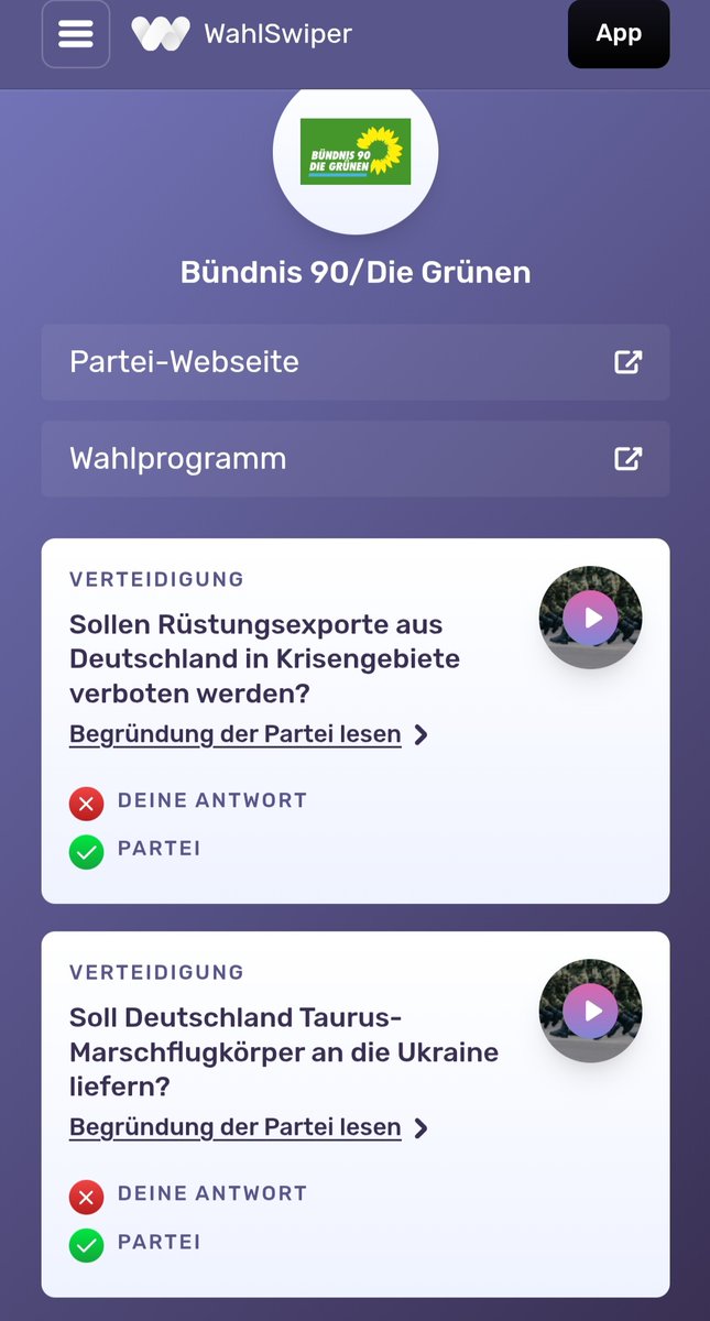#Gruene #Bundestagswahl2025 #WahlSwiper 
Gleich bei den ersten Zwei Fragen kommt es bei den Grünen zu einem massiven  Widerspruch! 

Sie wollen Rüstungsgüter in Krisengebiete verbieten und in der nächsten Frage wollen sie Taurus in die Ukraine liefern. Das macht keinen Sinn!!