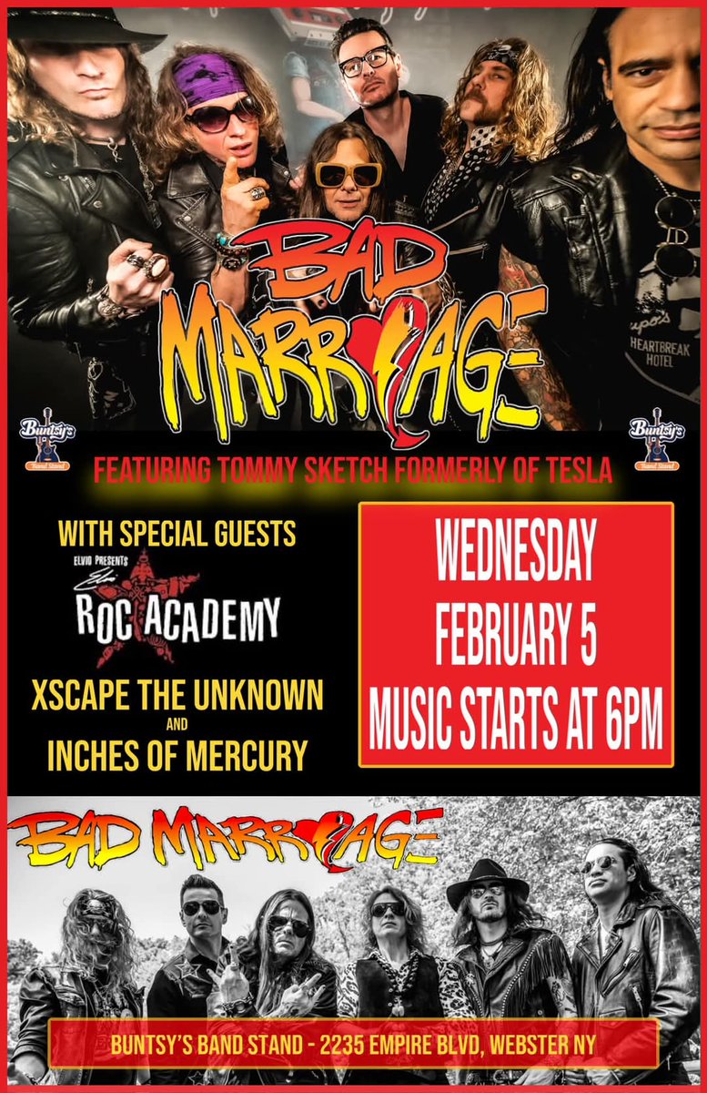 BadMarriageBand's tweet photo. Wednesday Night at Buntsy's in Webster NY.
We hope to see all of you there
π€π₯πΈπ₯π€
#RockandRoll
#Buntsys
#WebsterNY https://t.co/wnt54vIJAY