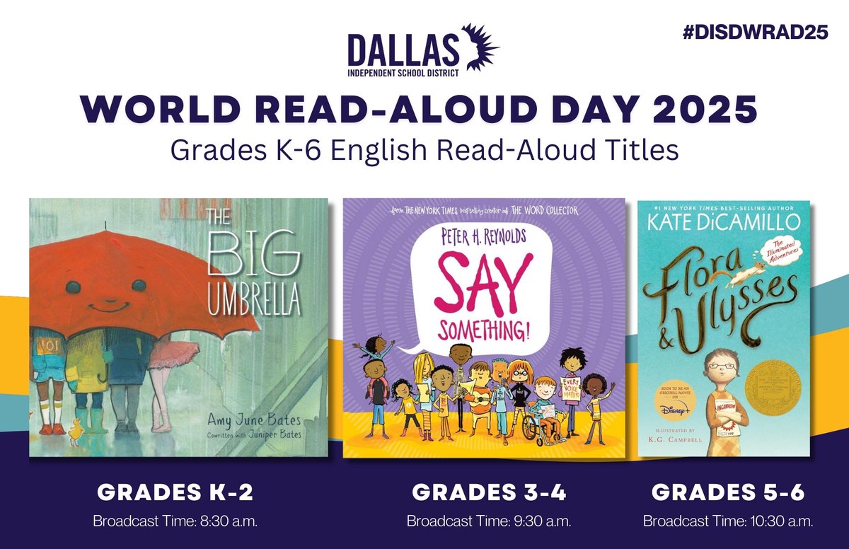 Dallas ISD Project R.E.A.D. (@projectreaddisd) on Twitter photo #WorldReadAloudDay is tomorrow! Join us for live read-aloud sessions of some of our favorite titles in both English & Spanish! Visit the Library Media Services site for details: dallasisd.org/departments/li…… #DISDWRAD25 <a href="/litworldsays/">LitWorld</a> <a href="/DISD_Libraries/">Dallas ISD Libraries</a> <a href="/dallasschools/">Dallas ISD</a> <a href="/Dallasacademics/">Dallas ISD Academic Services</a> #WorldReadAloudDay is tomorrow! Join us for live read-aloud sessions of some of our favorite titles in both English & Spanish! Visit the Library Media Services site for details: dallasisd.org/departments/li…… #DISDWRAD25 <a href="/litworldsays/">LitWorld</a> <a href="/DISD_Libraries/">Dallas ISD Libraries</a> <a href="/dallasschools/">Dallas ISD</a> <a href="/Dallasacademics/">Dallas ISD Academic Services</a>