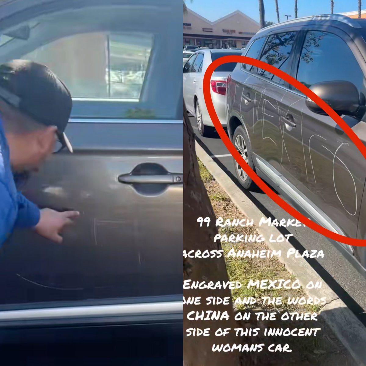44villeTV's tweet photo. #NEWS: Asian lady gets her car engraved with ‘Mexico’ word for absolutely no reason at all in Anaheim, CA https://t.co/eO503qmtX6