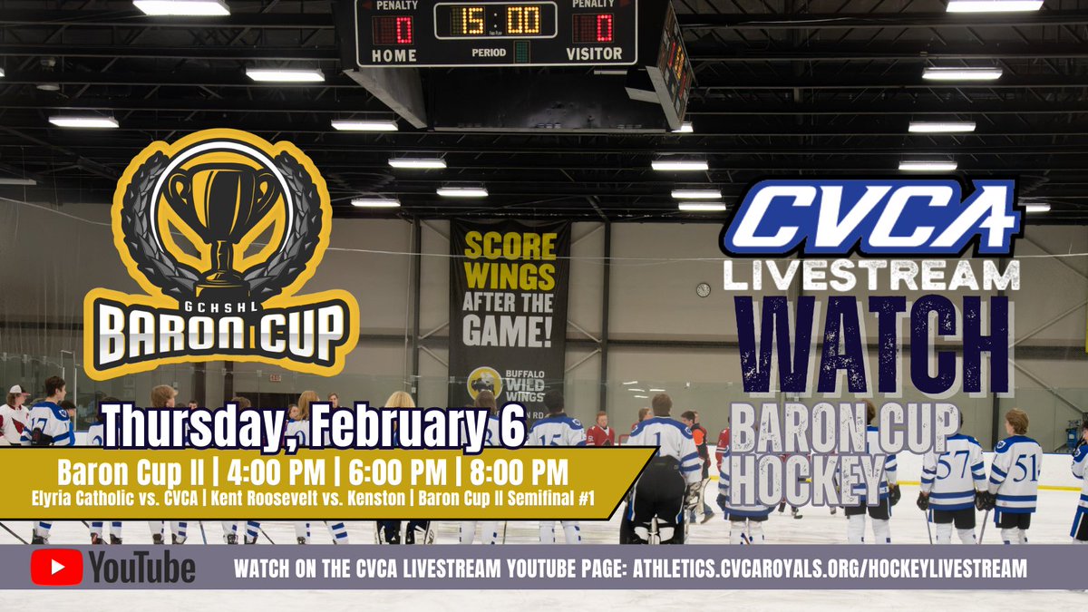 The CVCA Livestream <a href="/gchshl/">GCHSHL</a> Thursday Baron Cup streaming schedule is set:
4:00 PM: #7 <a href="/ECHSHockey/">Elyria Catholic Hockey Team</a> vs #2 <a href="/CVCAHockey/">CVCA Hockey</a> 
6:00 PM: #6 <a href="/HockeyRoosevelt/">Roosevelt Hockey</a> vs. #3 <a href="/KHSBomberSports/">Kenston Athletics</a> 
8:00 PM: Baron Cup II Semifinal #1
All <a href="/cvcalivestream/">CVCA Livestream</a> games on the CVCA Livestream YouTube channel: