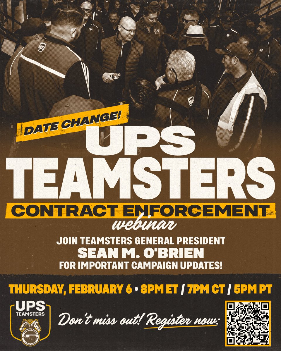 DATE CHANGE! The UPS Teamsters Contract Enforcement Webinar has been rescheduled for Thursday, Feb. 6. All registered members have been notified. Please continue to register and join this important webinar on Thursday.

UPS TEAMSTERS: REGISTER NOW FOR FEB. 6 WEBINAR

All UPS
