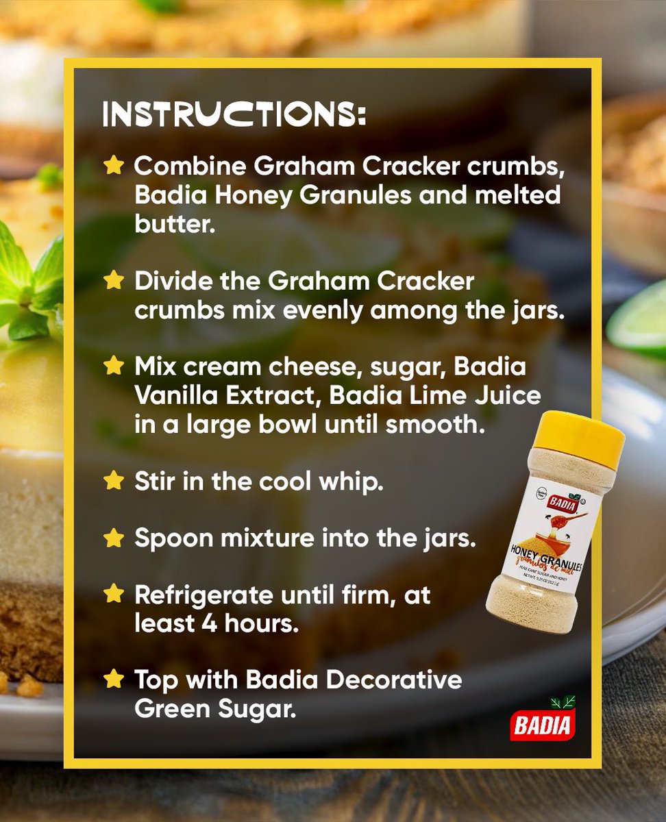 Sweeten your week with every bite of this #KeyLime #Cheesecake—a no-bake delight bursting with citrusy goodness and just the right touch of sweetness. 

Who’s ready to dig in? 

🛒 Shop Badia products from this recipe: bodega.badiaspices.com/shop

#BadiaSpices