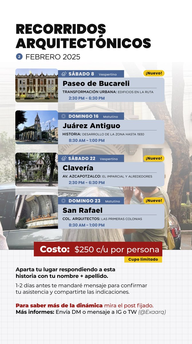 ExaArq's tweet photo. 🚶 Recorridos Febrero 2025
Volvemos este mes con otras rutas para conocer la ciudad y lo edificado en la #CDMX, para la info de registro está en la primer imagen.

Pueden ver más info en el Instagram (@ExaArq), saben que ya ando más activo por allá. ¡Nos vemos! https://t.co/LAlpeM8MFN