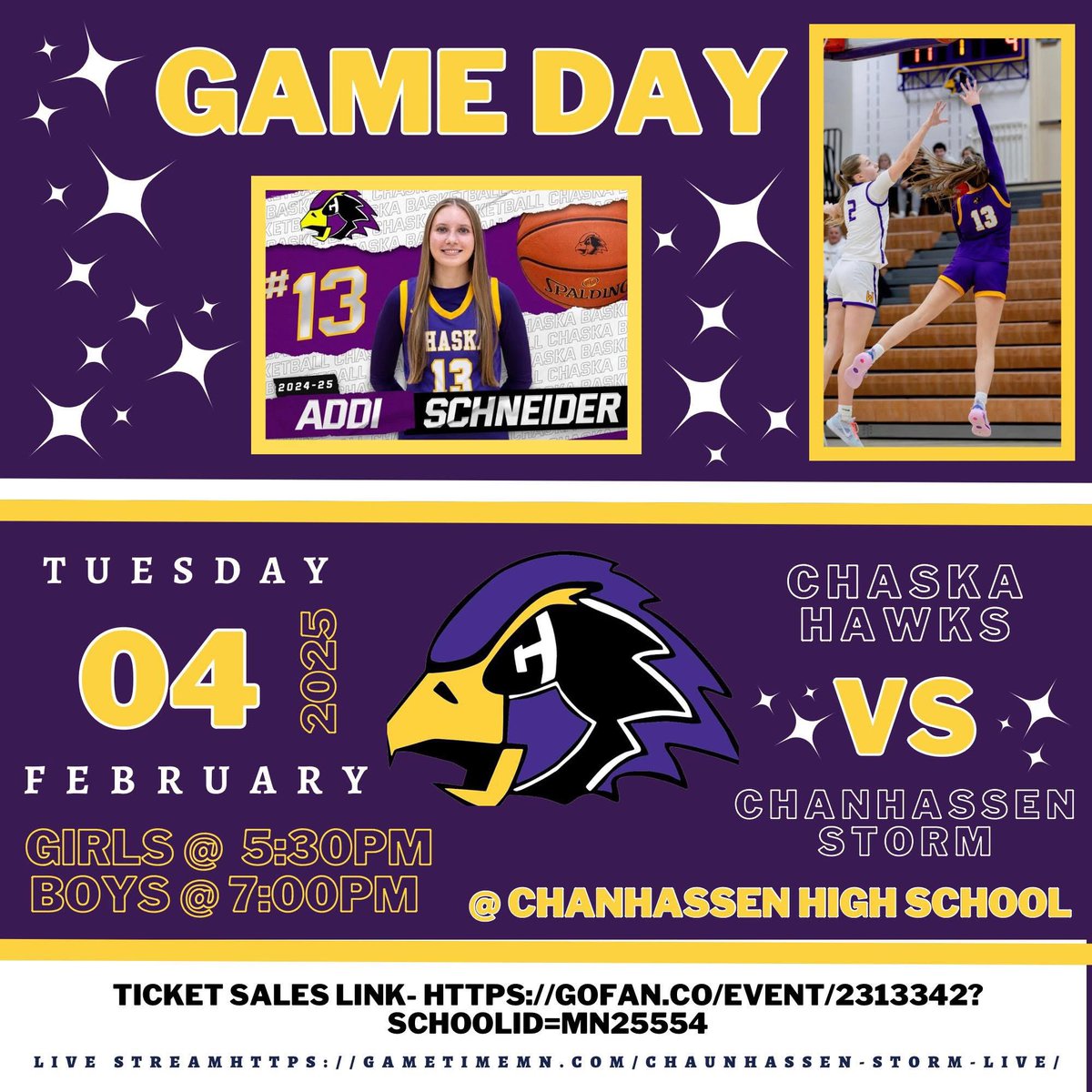 🏀GAME DAY🏀
⭐️Double Header with the Boys⭐️
🆚Chanhassen
📍Chanhassen High School
⏰ Girls Varsity-5:30 PM
       Boys Varsity-7:00 PM
📺 gametimemn.com/chanhassen-sto…
🎟️ gofan.co/event/2313342?…