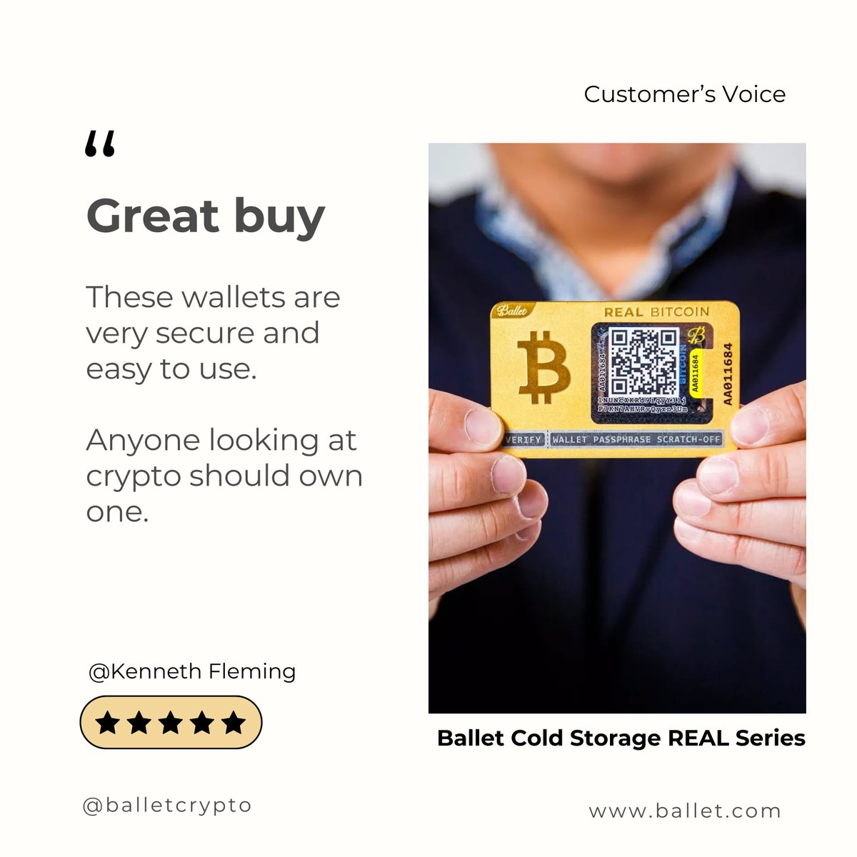 BalletCrypto's tweet photo. Glad to share a new customer review about Ballet's Cold storage crypto wallet: ⭐️⭐️⭐️⭐️⭐️
"Great buy:These wallets are very secure and easy to use. Anyone looking at crypto should own one. ”
- Kenneth F.
#showyourstack #balletbuzz https://t.co/VGZ4CB0oaQ