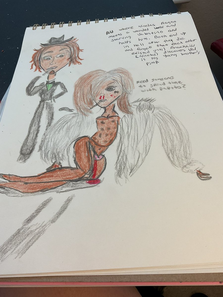 PeacefulFeather's tweet photo. #reupload of my #HellaverseHumanizeWeek2025 AU where Nicolas Ragno meets a tired and hurt Valentino out on the cold streets, helping him with his injuries from an abusive pimp. 🥺 #bloodtw #assaulttw #valentinohazbinhotel  #aracknisshazbinhotel  #HellaverseHumanizeWeek https://t.co/mHVCNq6m1e