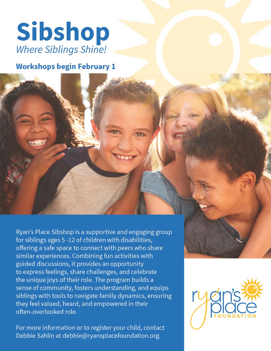 MCPSMDSpecialEd's tweet image. Ryan’s Place Sibshop is a supportive and engaging group for siblings ages 5 -12 of children with disabilities, offering a safe space to connect with peers who share similar experiences.
📩 For more information, contact Debbie Sahlin at debbie@ryansplacefoundation.org.