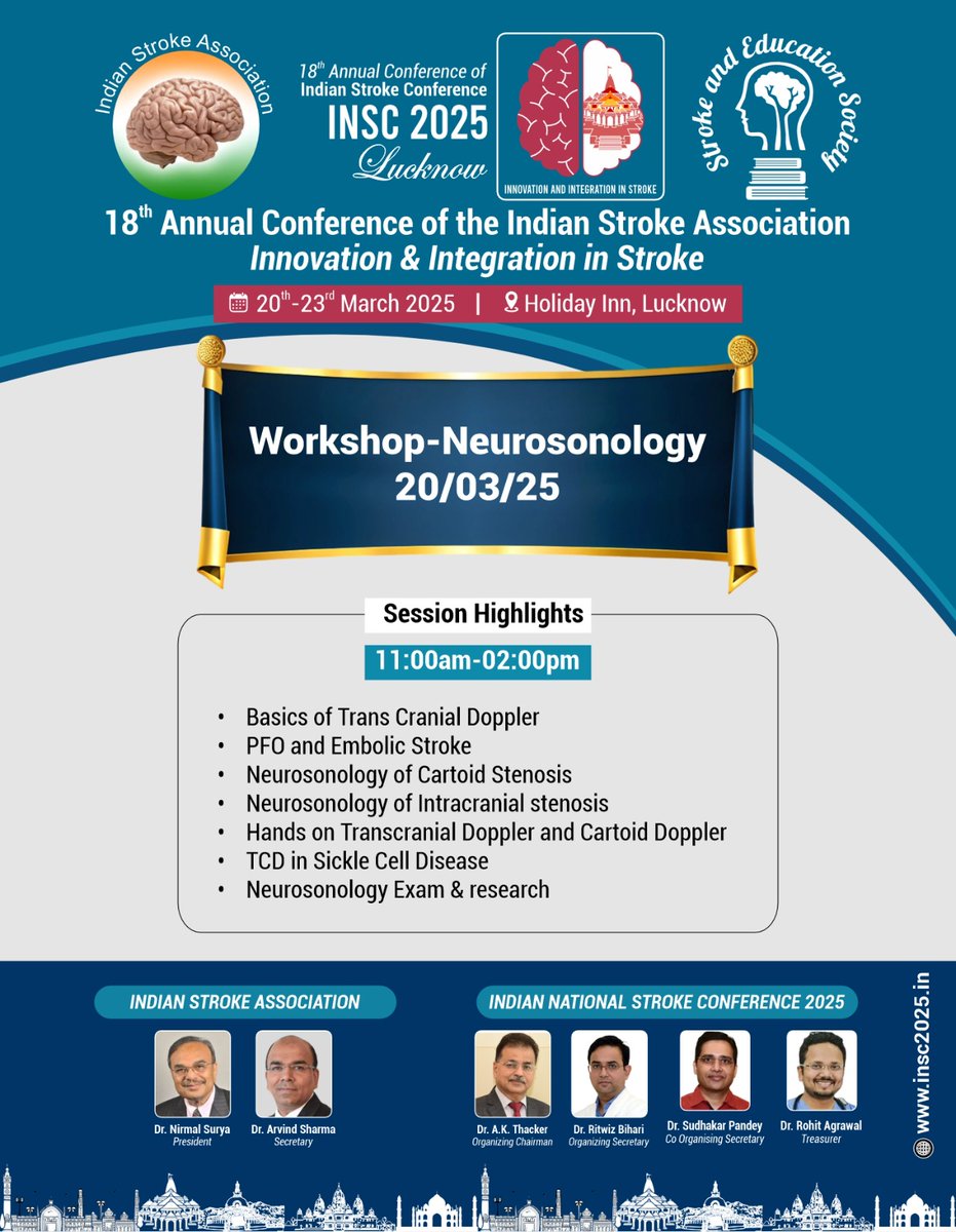 📢 Join us for the 18th Annual Conference of the Indian Stroke Association! 🧠
📍 Holiday Inn, Lucknow | 🗓 20th-23rd March 2025
🔬 Dive into Neurosonology with experts on 20/03/25! 
#StrokeAwareness #INSC2025 #NeuroScience #helathylifestyle #doctor #hospital #neurology #Lucknow