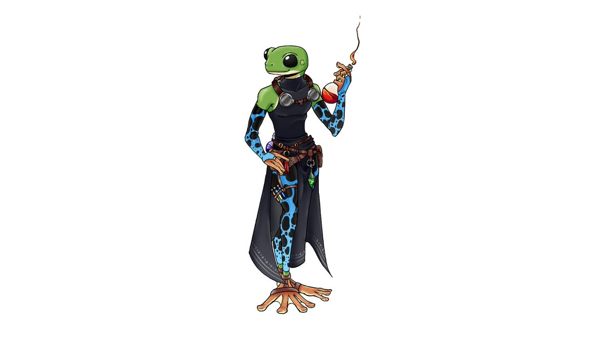 Melon19542205's tweet photo. Hi~ I haven't posted this character design yet here for some reason, but this is my friend's DnD character! She's a Black eye'd tree frog disguised as a poison dart frog. Annnd of course she's an Alchemist!
#dungeonsanddragons #dnd #art #dndart #Frog #frogcharacter #fantasy https://t.co/sJ8DjH3M7Z
