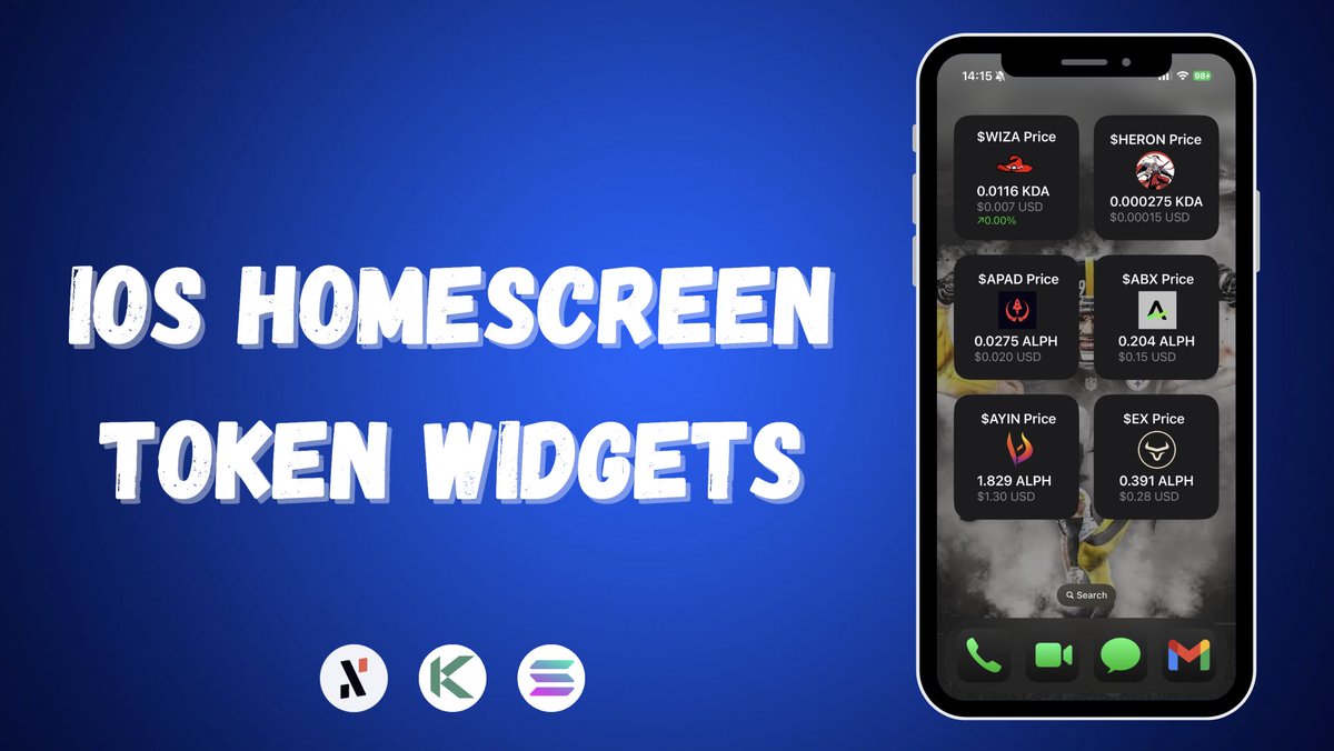 You can see your favorite token prices on your iOS homescreen!🧵

Its very easy to do, and I've already built templates for tokens on <a href="/alephium/">Alephium</a>, <a href="/kadena_io/">Kadena</a>, and <a href="/solana/">Solana</a> 👀

All instructions &amp; code are here:
github.com/wizard-ron17/S…

$APAD $WIZA $HERON $EX $ABX $AYIN