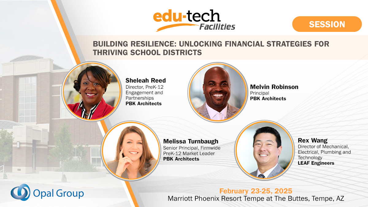 Opal_Group's tweet image. 🌟 Building Resilience: Unlocking Financial Strategies for Thriving School Districts 🌟

📅 Date: February 23–25, 2025

📍 Location: Phoenix, AZ

🔗 Register Now: lnkd.in/e_wJRGf2

#EduTechFacilities2025 #FinancialResilience #SchoolDistrictLeadership #PBKArchitects