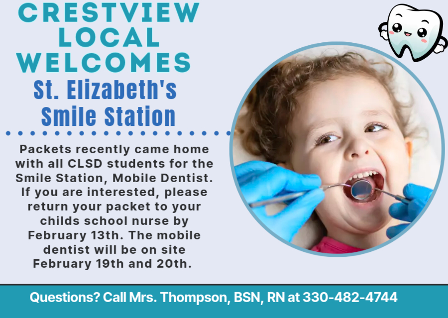 The St. Elizabeth Smile Station will be coming to CLSD on February 19th and 20th to provide dental care to our students during school hours! Packets have been sent home with students as well as to parents via Final Forms. This service is...
crestviewlocal.k12.oh.us/quicklinks/new…
