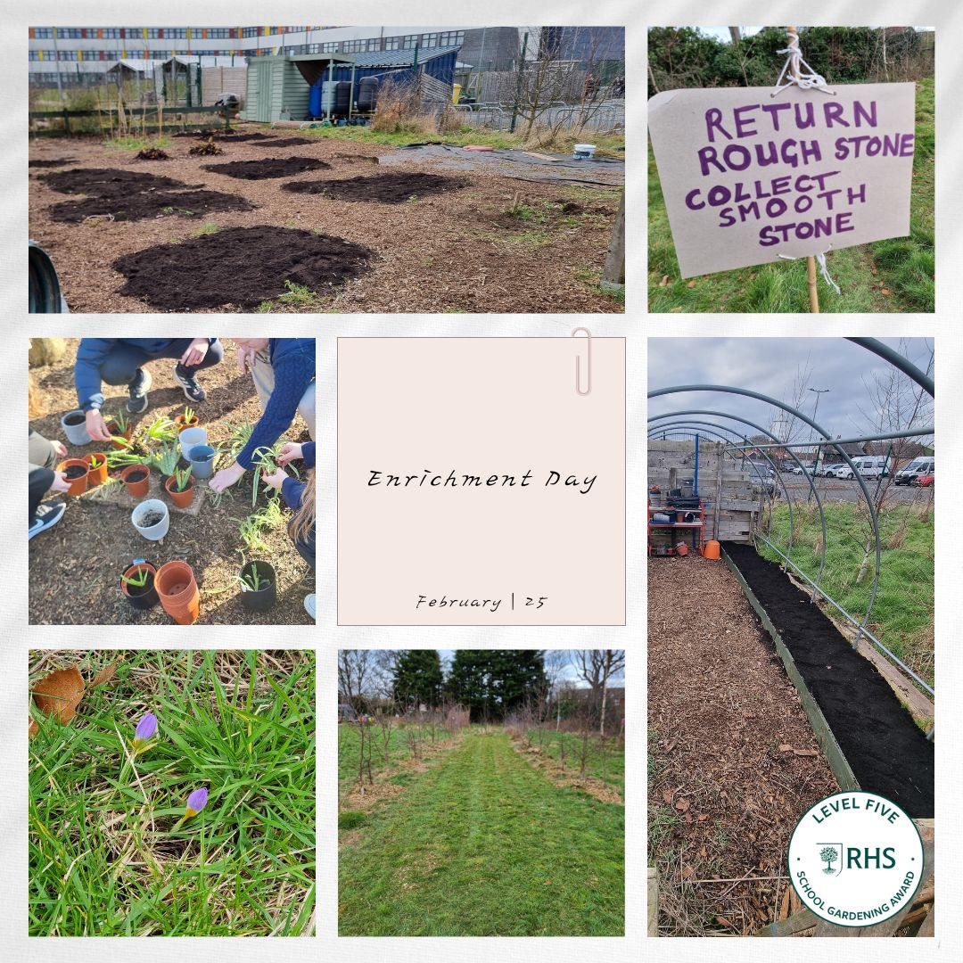 What an amazing time in The Garden with Year 7 today! Planting fruit trees &amp; bulbs, walking the labyrinth, mulching, litter picking and getting the allotment ready for 2025. Thank you to all our volunteers, and to the students for getting involved! #schoolgardening
