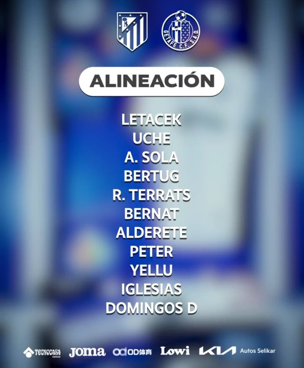 FantasiaAzulona's tweet photo. 👥 Once del Getafe ante el Atleti:
🧤 Letáček;
🧱 Iglesias, Duarte, Alderete, Bernat;
🔮 Sola, Terrats, Yellu, Peter;
⚽ Uche, Bertug,
🤓 José Bordalás
🔁 Los recién incorporados, Bernat y Terrats, son titulares. Djené y Arambarri suplentes.
#VamosGeta💙
#Borbona🫡 https://t.co/Gz3BNz80Hx