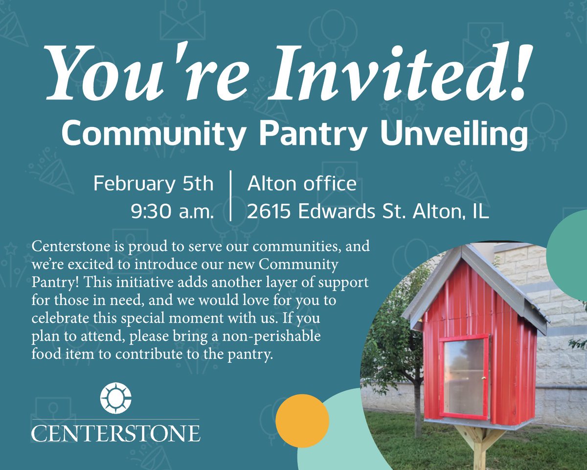 Centerstone's tweet image. Join us as we celebrate the unveiling of Centerstone’s Community Pantry in Alton, Illinois!

📅 Date: Wednesday, February 5
⏰ Time: 9:30 a.m.
📍 Location: Centerstone’s Edwards Street Clinic (Main St. side of the building)

#CommunityPantry #Centerstone #AltonIL #GivingBack