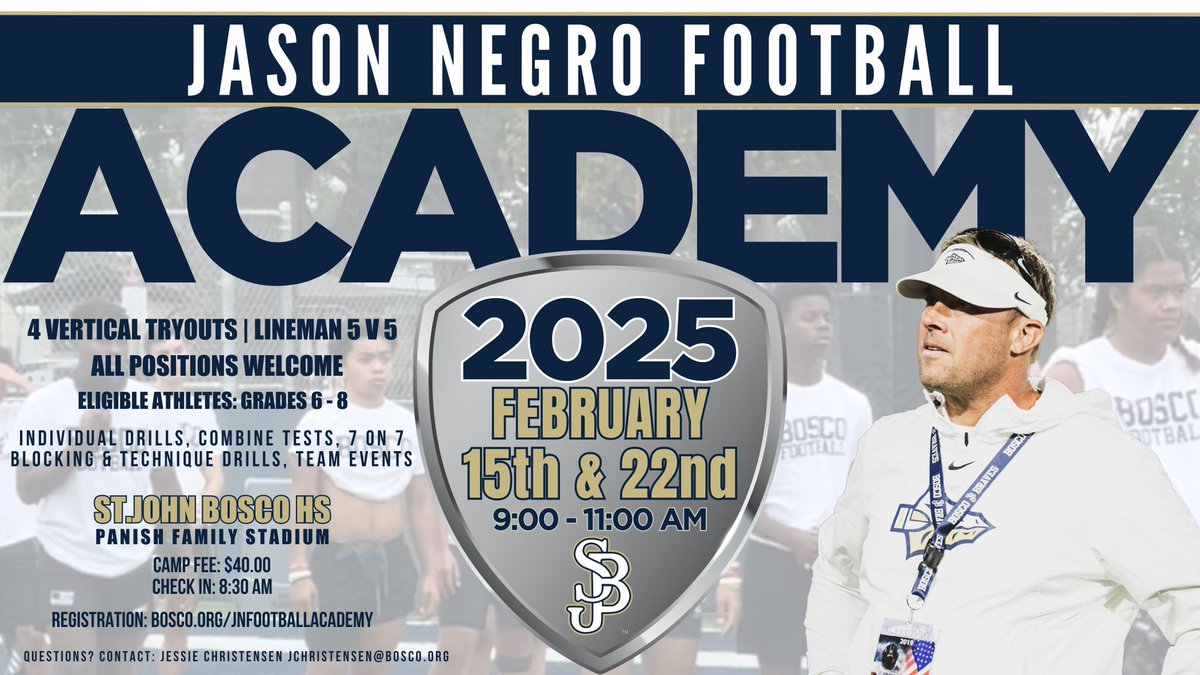 Jason Negro Youth Academy Dates: Calling all 6th-8th graders who want to come compete with some of the best talent around.  Click the link below to register!  #ComeBeElite #DestinationBosco 

bosco.org/jnfootballacad…