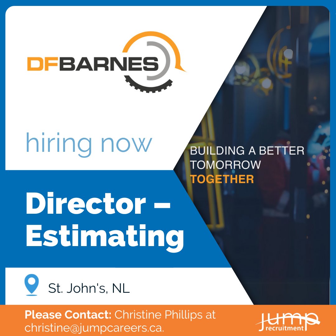 HigherTalent_HR's tweet photo. Building a Better Tomorrow Together! Jump Careers is excited to partner with DF Barnes in St. John’s, NL, to recruit a Director - Estimating. To apply in confidence: https://t.co/Jko4fKMl7B https://t.co/wbEfaaAV4i