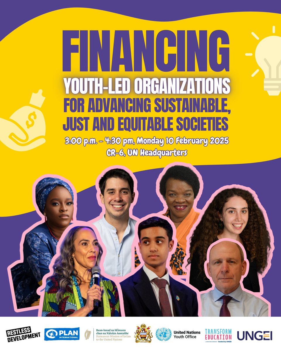 UNGEI's tweet photo. As part of the #FF4D we cannot talk about advancing sustainable, just and equitable societies without talking about financing youth-led organizations❗

Join our discussion:

🗓️ 10 February, 2025
⏰ 3:00pm-4:30pm EST
🗺️ CR-6, UN Headquarters, New York (Grounds pass needed) https://t.co/Fuybnh8u0z