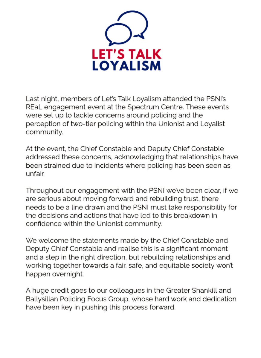 Last night, Let’s Talk Loyalism attended the PSNI’s REaL engagement event at the Spectrum Centre, addressing concerns about two-tier policing. The Chief &amp; Deputy Chief Constables acknowledged strained relationships &amp; the need for accountability.