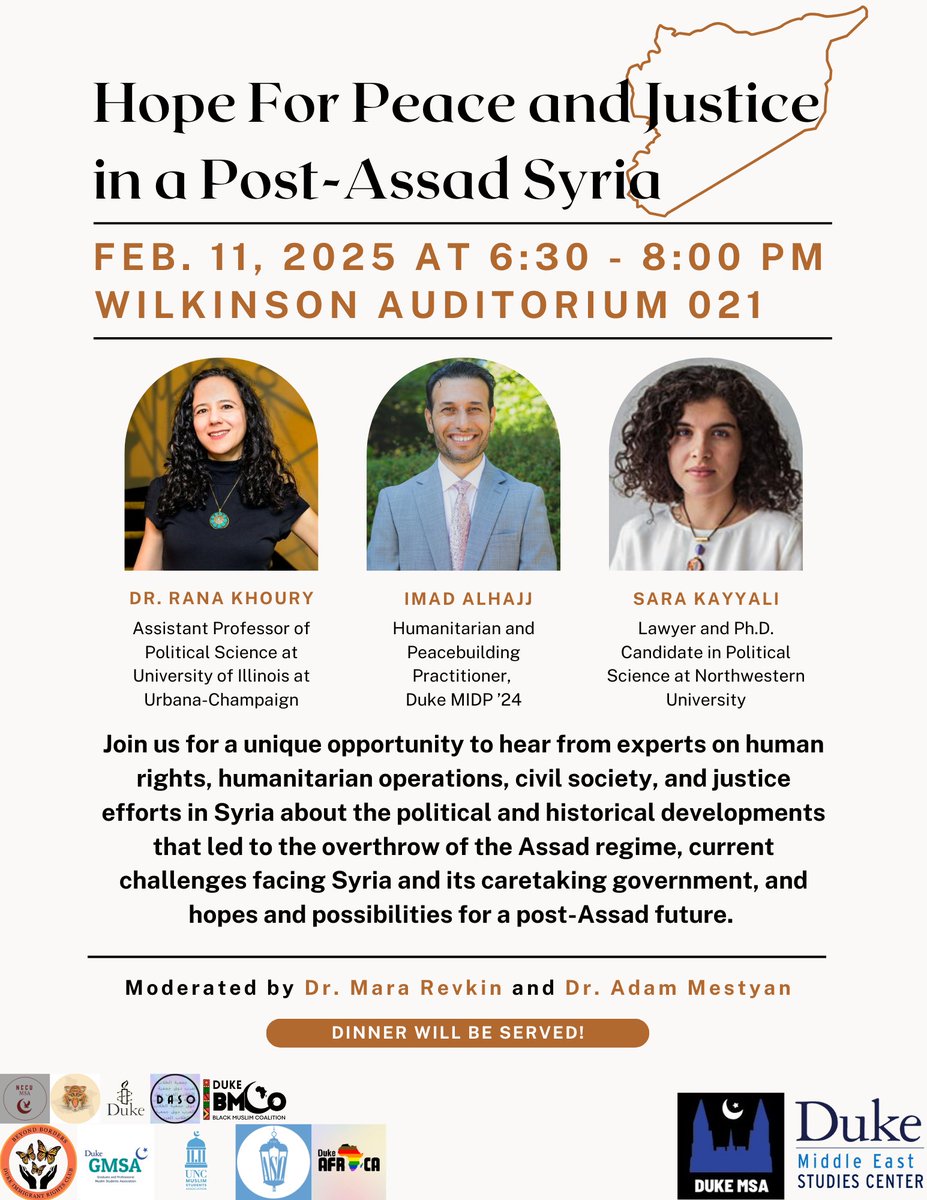 Very excited for this discussion on prospects for peace &amp; justice in post-Assad Syria <a href="/DukeU/">Duke University</a> on Feb. 11 with 3 of my favorite experts on human rights, humanitarian aid &amp; civil society: <a href="/rbkhoury/">Rana B. Khoury</a>, <a href="/skayyali1/">Sara Kayyali</a> &amp; <a href="/Imad_Alhajj21/">Imad Alhajj ☀️</a> (<a href="/DukeSanford/">Sanford School of Public Policy</a> alum!), co-moderated with Adam Mestyan:
