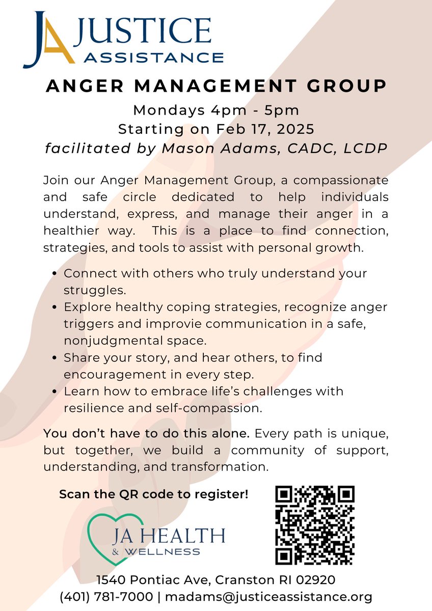 Struggling with anger? We can help!

Join Justice Assistance’s Anger Management Group every Monday from 4–5 PM with a licensed clinician to build healthy coping skills &amp; improve communication.

📅Mondays | 4–5 PM

Register Here: bit.ly/40X7pWG