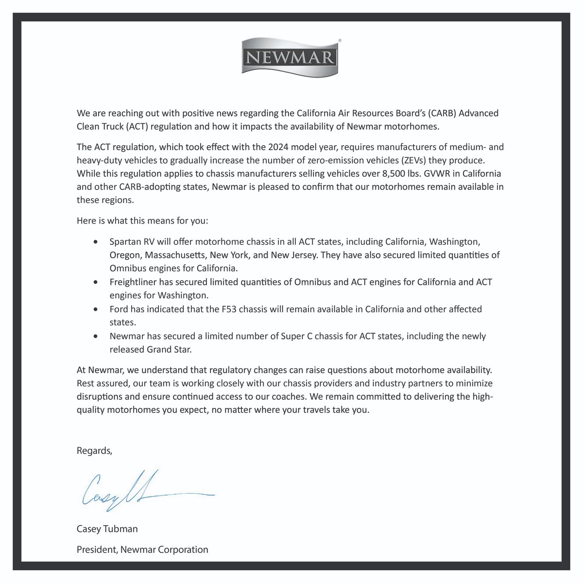 Important Newmar Update on Motorhome Availability in CARB States