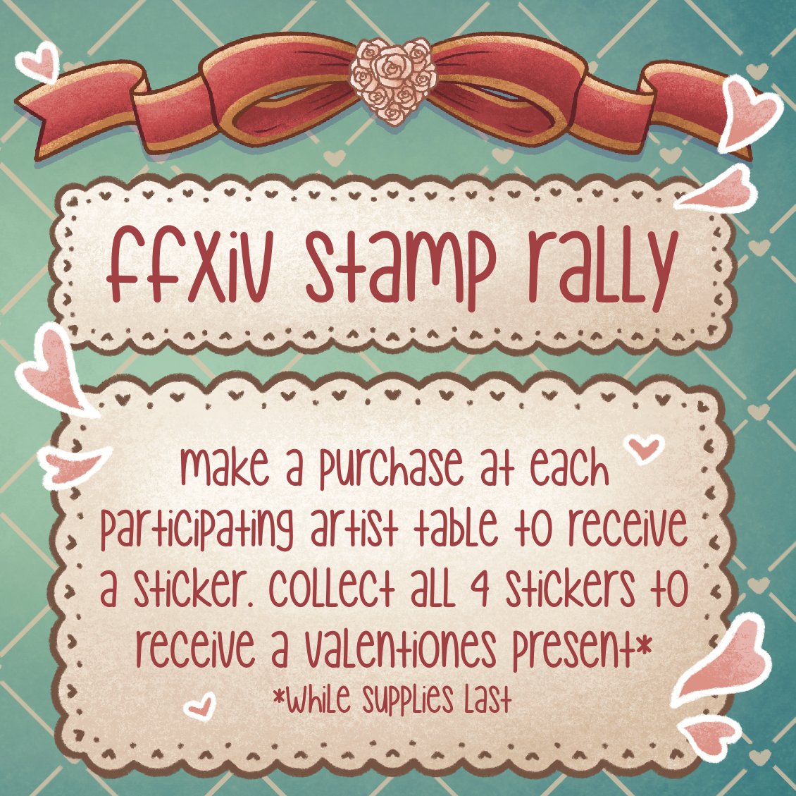 jigglepuddz's tweet photo. Hello WOL! We are back again with another FFXIV stamp rally at Megacon Valentines Day edition!

Atelier Pudding (me)
@kiiyame
@_allibunn 
@MyFebronia https://t.co/6ENoYoSsDJ