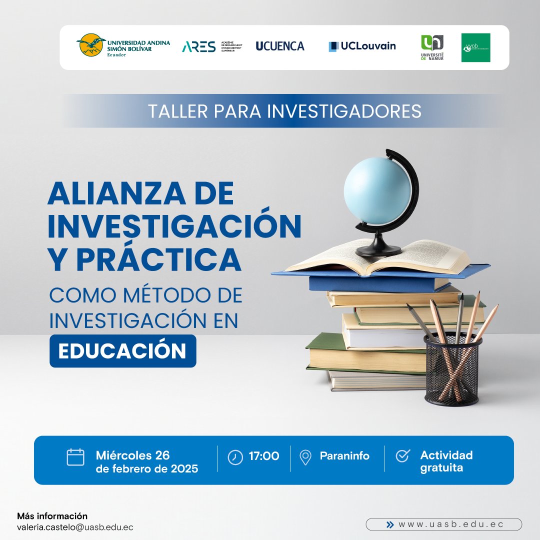 uasbecuador's tweet photo. 📢 𝗧𝗮𝗹𝗹𝗲𝗿 𝗽𝗮𝗿𝗮 𝗜𝗻𝘃𝗲𝘀𝘁𝗶𝗴𝗮𝗱𝗼𝗿𝗲𝘀

🔍 "Alianza de investigación y práctica en educación"

Aprende de expertos cómo la colaboración fortalece la investigación educativa.

📅 26 de febrero
🕔 17h00
📍 Paraninfo

🎓 Facilitadores:
✅ Mariane Frenay y Virginie März (Univ. Católica de Lovaina, Bélgica) 
✅ Jessica Castillo (Univ. de Cuenca)
✅ Christian Jaramillo (UASB, Ecuador)

🔗 Reserva tu lugar: https://t.co/CiPNVnJJYr

#Investigación #Educación
